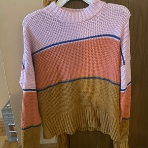Size M, SO Brand stripes pinks, purple, tan and blue sweater